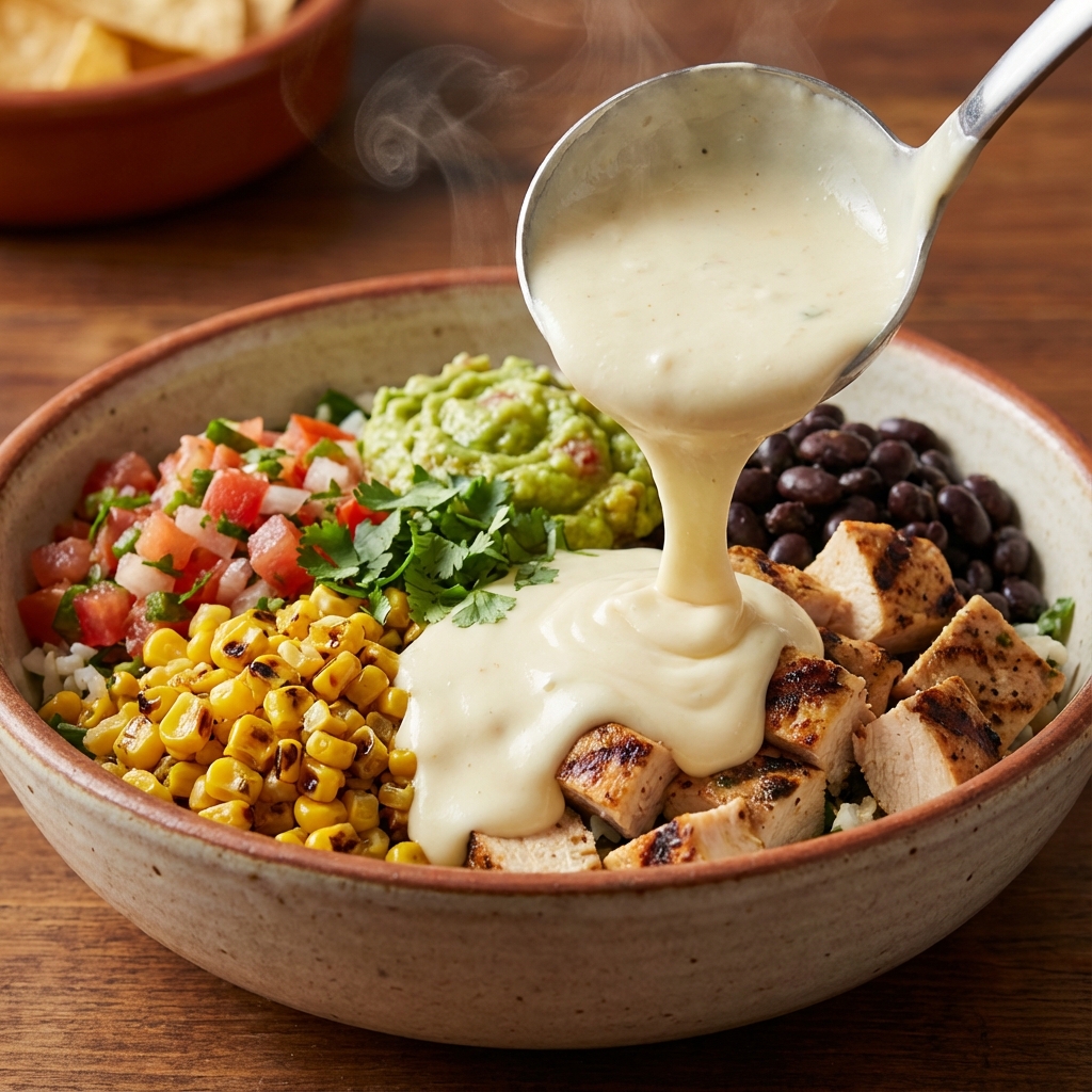 Drizzling Queso on a Bowl