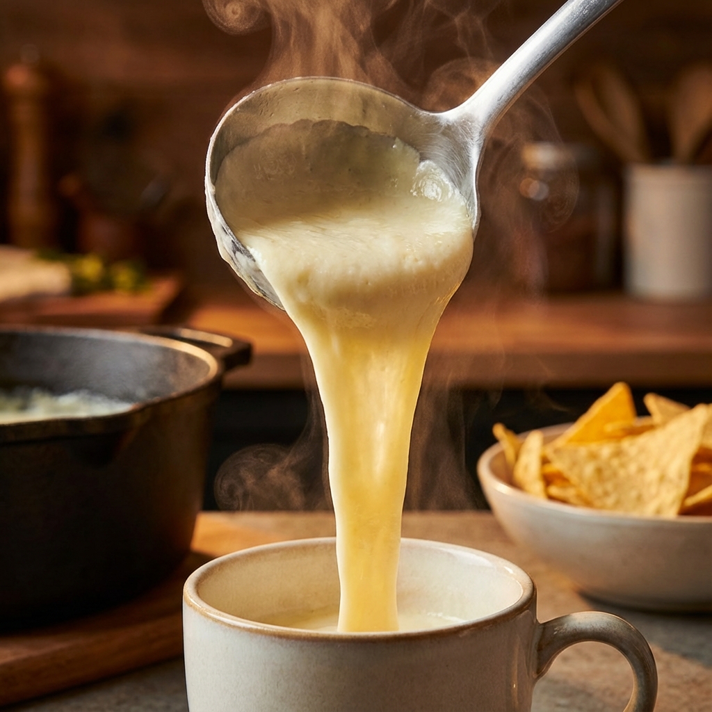 Ladle pouring Queso